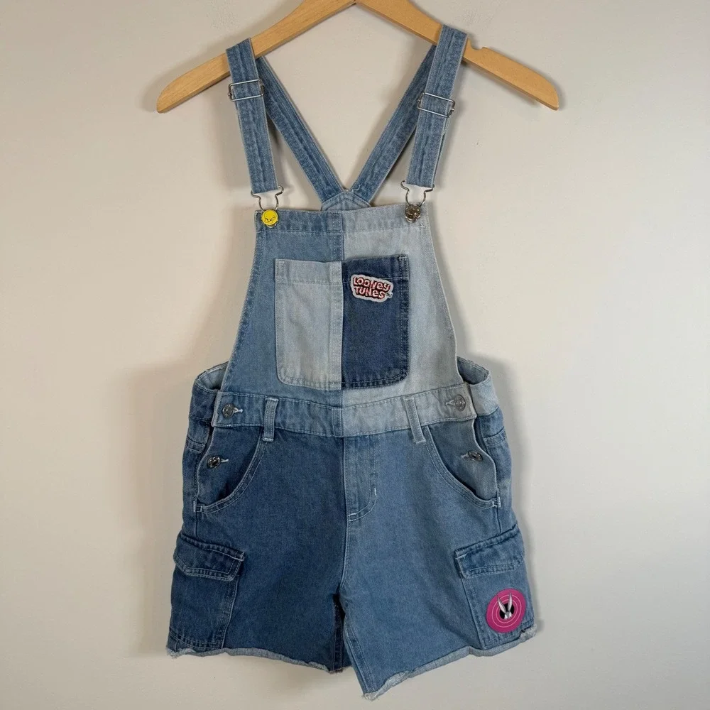Justice Looney Tunes Denim Shortalls Kids Size 12 Blue Colorblock Patchwork